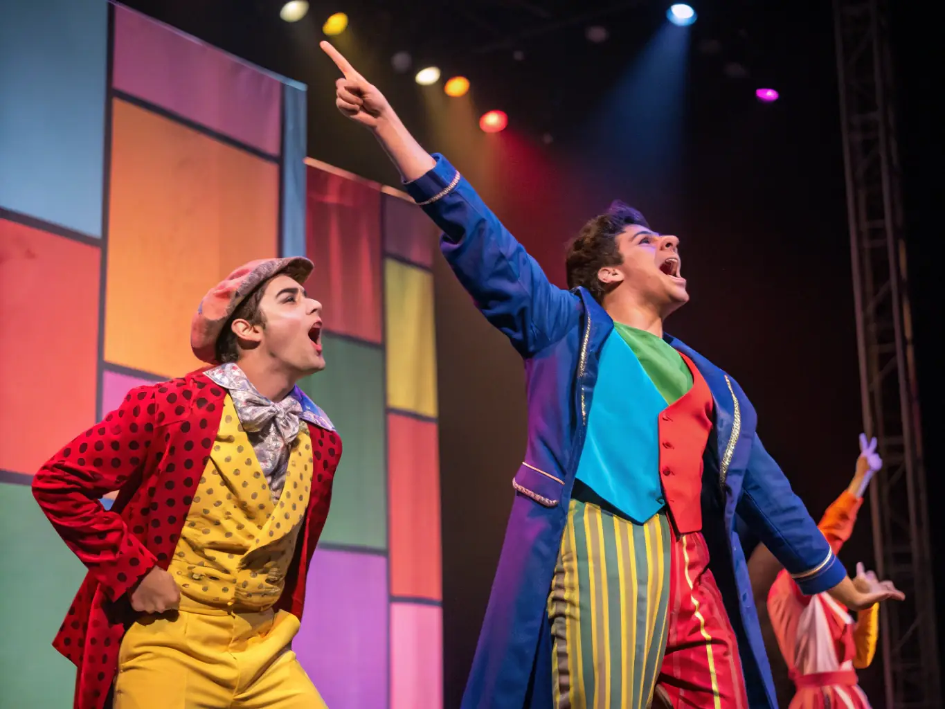 A vibrant photograph capturing a scene from ERD'O's upcoming theatre performance, showcasing actors in costume on a dynamic stage set.