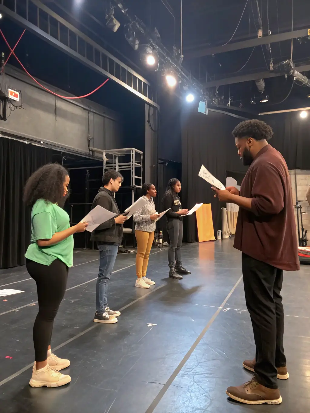 A dynamic image of a stagecraft workshop, with participants learning about set design, lighting, and sound, highlighting ERD'O's comprehensive approach to theatre education.