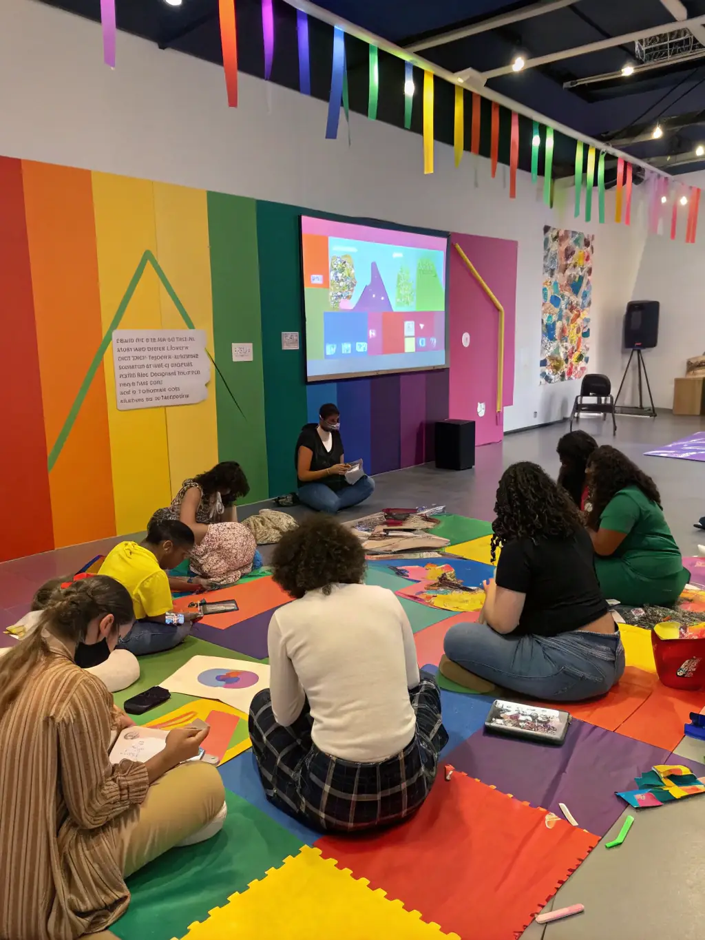 A vibrant image of a theatre workshop in progress, with participants actively engaged in a scene, showcasing ERD'O's commitment to hands-on learning.