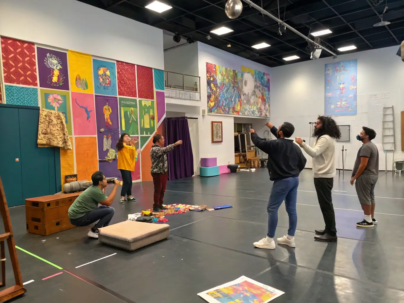 A dynamic image of participants actively engaged in an ERD'O educational workshop, focusing on acting techniques and stagecraft.