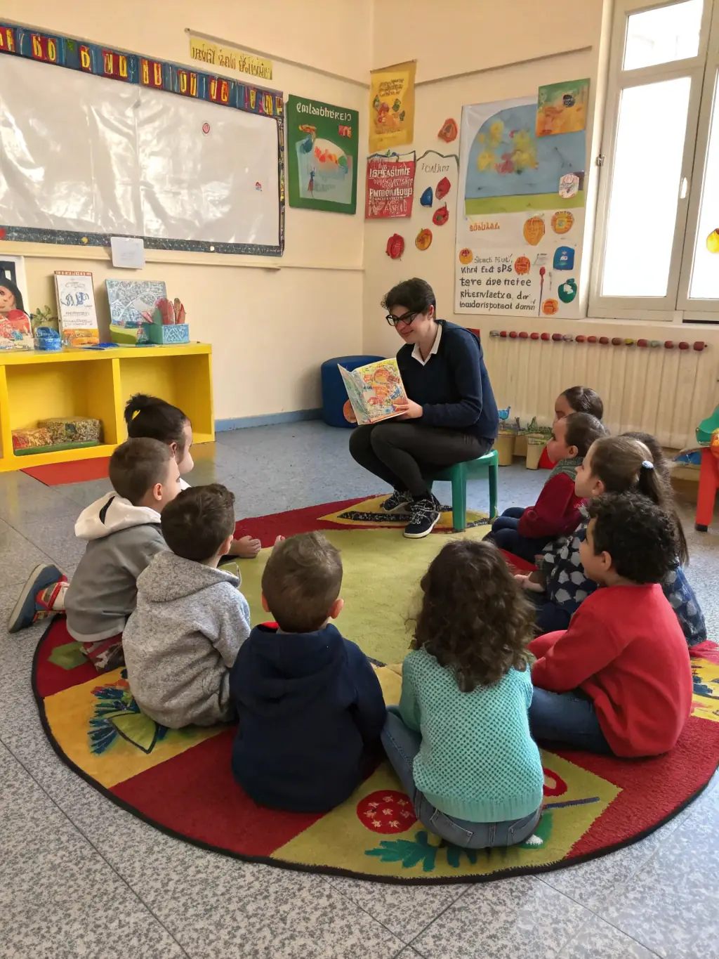 A photo of a diverse group of children participating in a storytelling session, emphasizing ERD'O's dedication to engaging young minds.